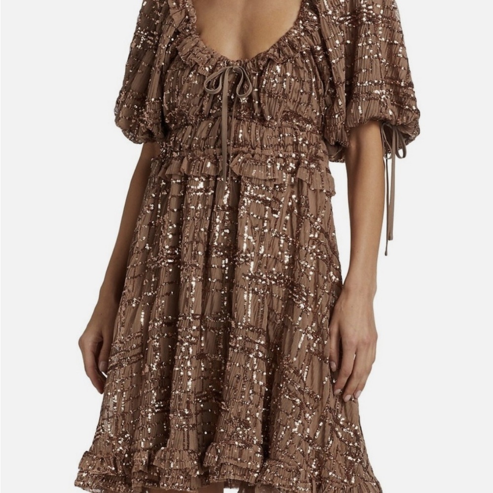 En Saison Sequin Embellished Puff Sleeve Brown Dress - NWT Size Medium